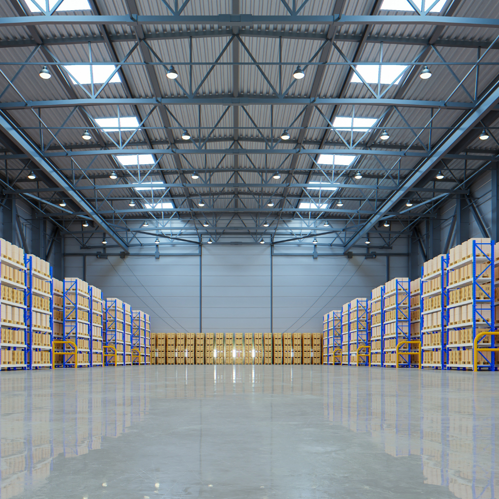 Well-lit Warehouse with linear and ufo high bay lights.